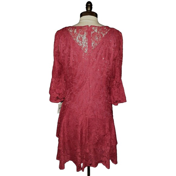 NEW DANNY AND NICOLE Size 12 Shift Dress Red Floral Lace Shimmery Sequins Ruffle - Picture 5 of 7